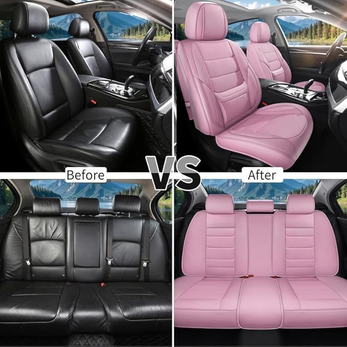 Car Seat Covers Full Set Fit for Buick Verano 2012-2017, Premium Faux Leather Waterproof Car Seat Protectors with Lumbar Support, Breathable Anti-Slip Easy to Install(Pink,Full Set)