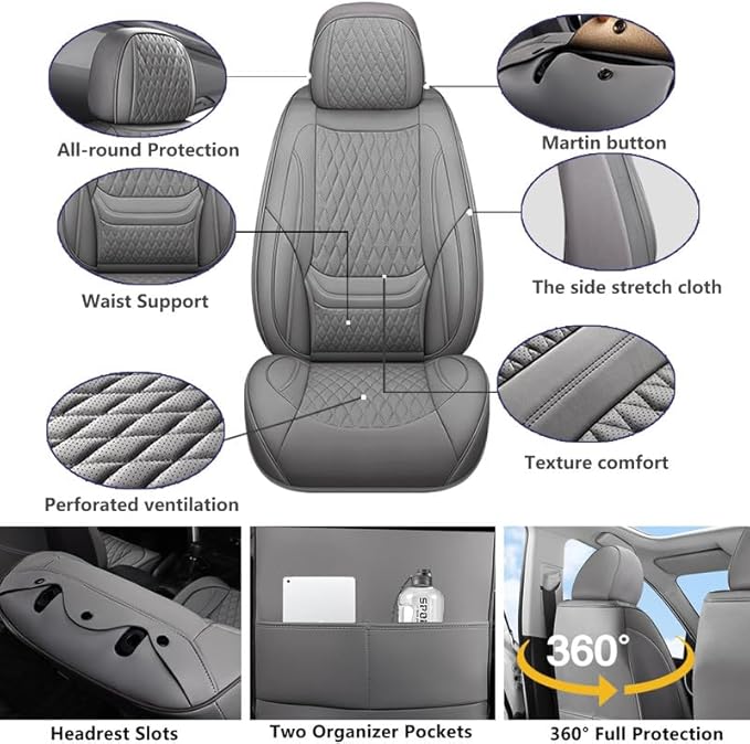 Car Seat Covers Full Set Custom Fit for Saturn Aura 2006-2009 - Premium Faux Leather with Lumbar Support | Breathable, Waterproof, Anti-Slip, Durable (Gray,Full Set)