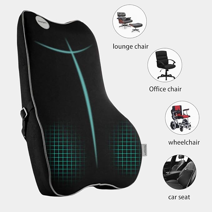 Lumbar Support Pillow,Pure Memory Foam Back Cushion Orthopedic Backrest with Breathable 3D Mesh for Car Seat,Office Chair,Computer Chair,Wheelchair and Recliner.Ergonomic Design (Grey Edge)
