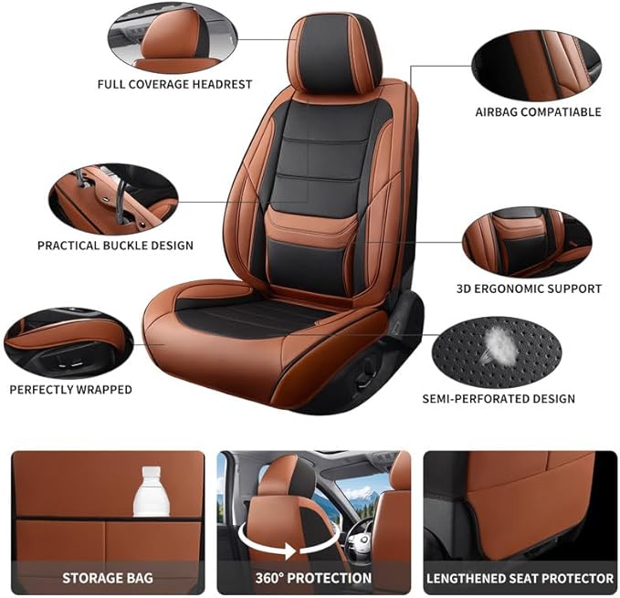 Car Seat Covers Full Set Custom Fit for Buick Verano 2012-2017-Luxury Leather with Lumbar Support, Breathable, Waterproof, Anti-Slip, Durable, Easy to Install (BlackBrown,Full Set)