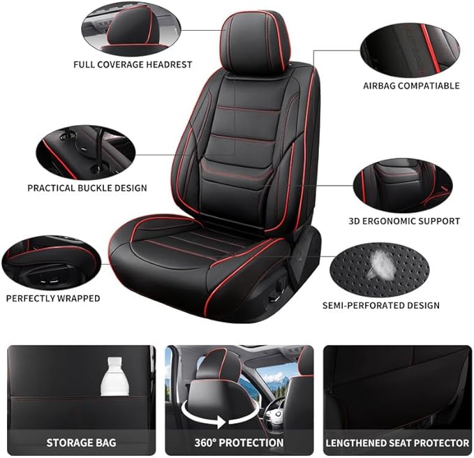 Car Seat Covers Full Set Custom Fit for Mercury Milan 2006-2011-Luxury Leather with Lumbar Support, Breathable, Waterproof, Anti-Slip, Durable, Easy to Install (Black&Red,Full Set)