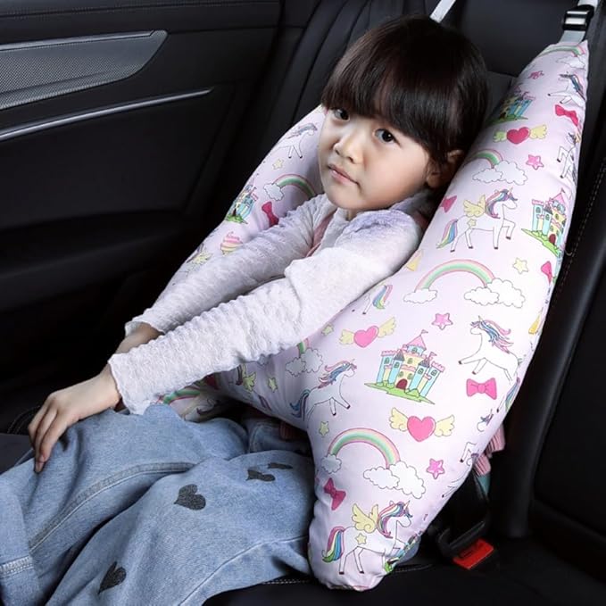 Travel Pillow Car Cushion for Kids 6 Years Old+ Shoulder Neck Back Support & Seat Belt Comfort, Road Trip Cozy Sleeping Gift for Young Travelers, Parents, Families, Baby Shower (Unicorn Pink)