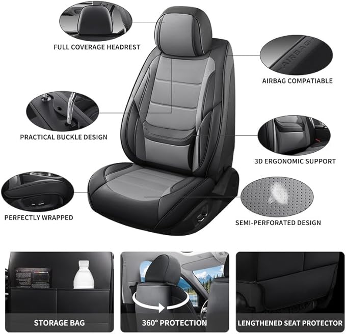 Car Seat Covers Full Set Fit for Buick Century 1997-2005, Premium Faux Leather Waterproof Car Seat Protectors with Lumbar Support, Breathable Anti-Slip Easy to Install(Black&Gray,Full Set)
