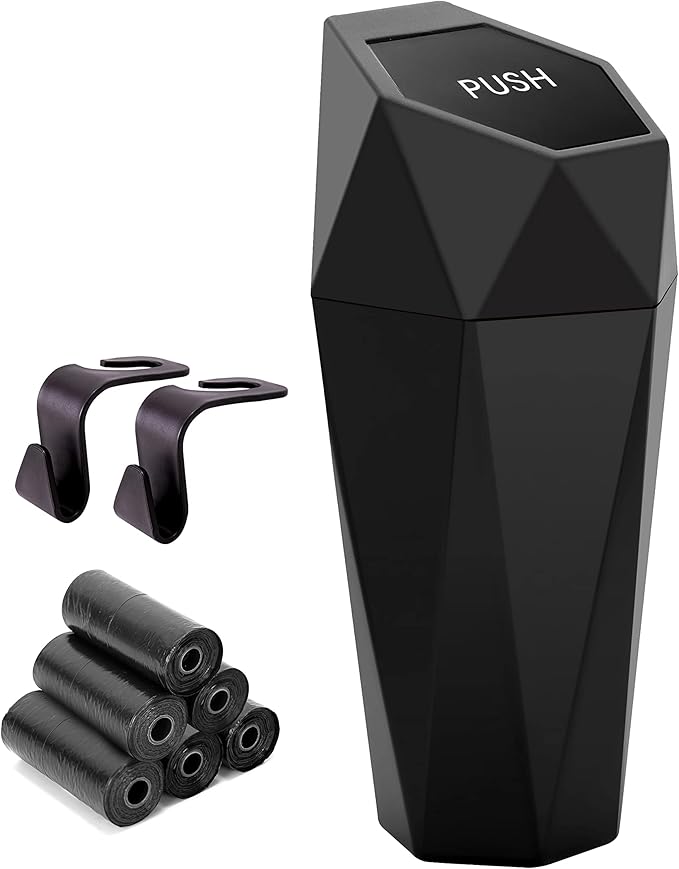 Ginsco Car Trash Can Cup Holder, Mini Car Trash Can with Lid, Car Accessories for Interior, Leakproof Small Trash Cup for Car, Home, Office, Bedroom with Additional 2 Hooks and 90pcs Trash Bags Black