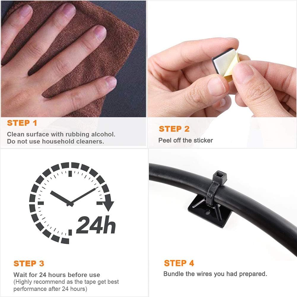 Strong Self Adhesive Wire Clips Cable Zip Tie Mounts 1" with 8 Inch Zipties Black UV Protection Outdoor 100 Pcs,Sticky Wire Fasteners Cable Guide Management Mounting Suqare Holder Anchor Base large