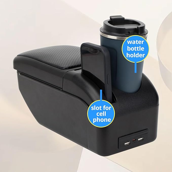 AULPHIKE Compatible with Ford Fiesta Armrest 3 2011-2018 Car Center Console Organizer Armrests Double Layer Storage with USB Ports（Carbon Fiber Style）