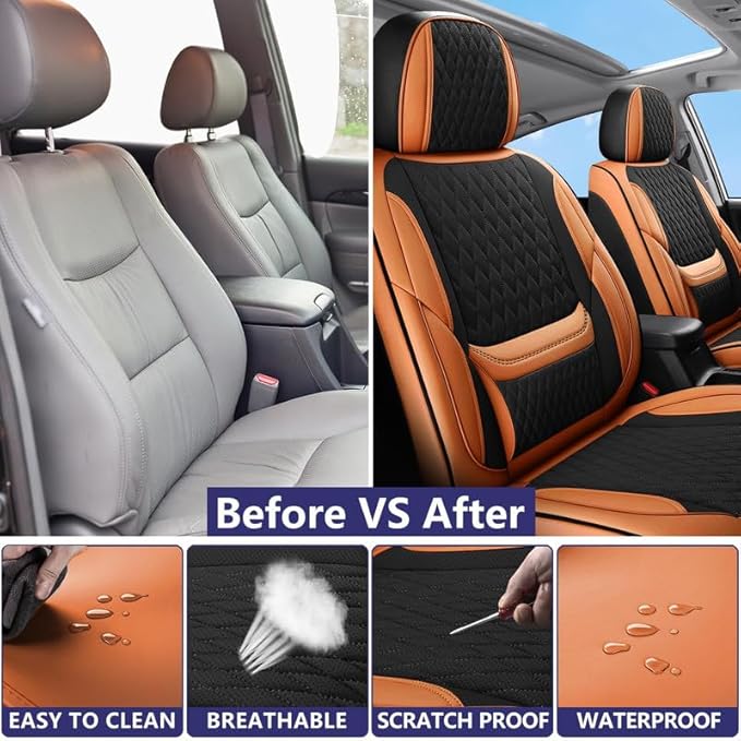 Car Seat Covers Full Set Custom Fit for Chevrolet/Chevy Volt 2010-2019 - Premium Faux Leather with Lumbar Support | Breathable, Waterproof, Anti-Slip, Durable (Black&Brown,Full Set)