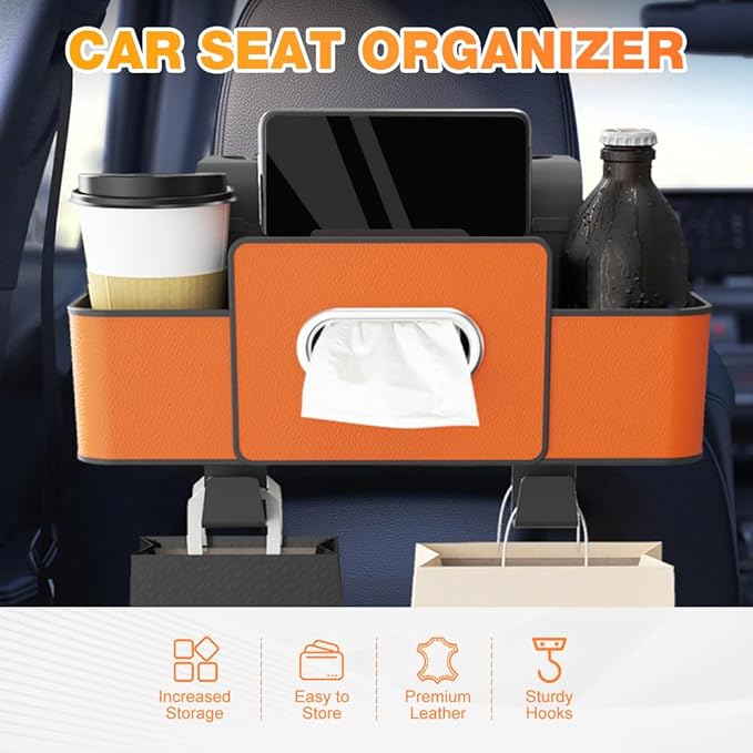 Back Seat Car Organizer,3 in 1 Car Backseat Storage Box with Cup Holder,Tissue Box,Trash Bin&Hooks,Multifunctional Waterproof Storage for Hold Phones Snacks Drinks Handbags (2, Brown)