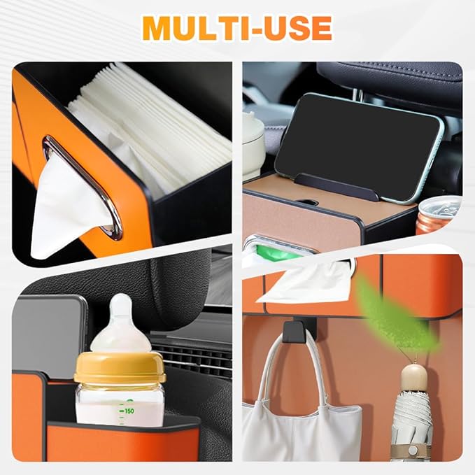 Back Seat Car Organizer,3 in 1 Car Backseat Storage Box with Cup Holder,Tissue Box,Trash Bin&Hooks,Multifunctional Waterproof Storage for Hold Phones Snacks Drinks Handbags (1, White+Black)