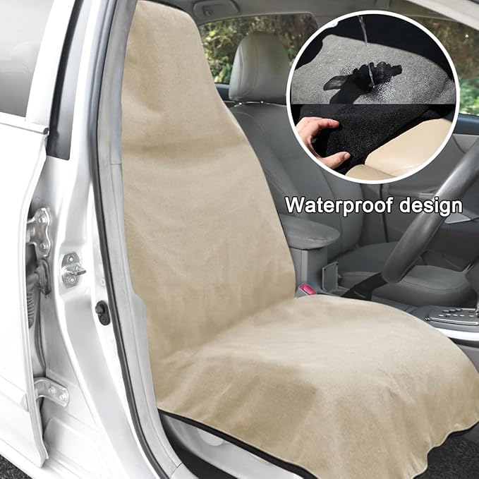 Waterproof Car Towel Seat Cover, Sweating Non-Slip Premium Towel Carseat Cover Protector, Universal Soft Machine Washable Car Truck SUV Front Seat Cover for Gym Workout Beach Hiking (Beige)