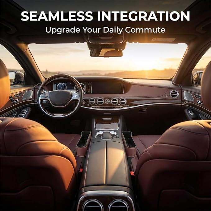 Car Seat Gap Filler Organizer, 2026 New Premium Leather Console Organizer for Holding Phone, Sunglasses, Auto Console Side Storage Box with Cup Holders 2 Seat Hooks for Drink (Black, Driver's Seat)