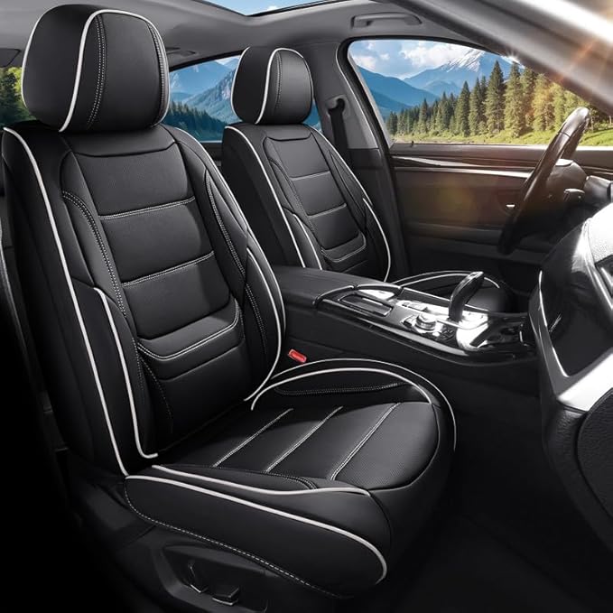 Car Seat Covers Full Set Custom Fit for Ford Ranger 1999-2025 2026-Luxury Leather with Lumbar Support, Breathable, Waterproof, Anti-Slip, Durable, Easy to Install (Black&White,Full Set)