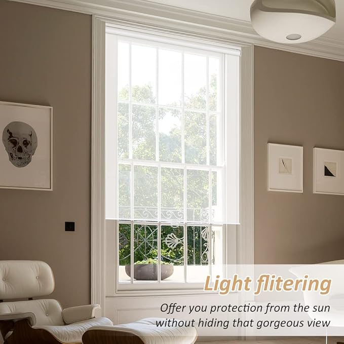 LUCKUP Light Filtering Roller Shades for Windows, Cordless Semi Sheer Solar Blinds with 5% Openness Free-Stop Window Shades for Home & Office, White 26" W x 72" L