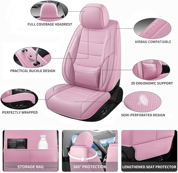 Car Seat Covers Full Set Custom Fit for Ford Escape 2001-2026 - Premium Leather with Lumbar Support, Breathable, Anti-Slip & Excellent Seating Experience (Pink, Full Set)