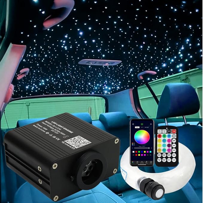 AZIMOM 16W Twinkle & Sound Activate 450pcs*0.03in*9.8ft Fiber Optic Starlight Headliner Kits for Car Home Star Ceiling Sky Decoration, APP& Remote Control Light Engine End Glow Fiber Strands
