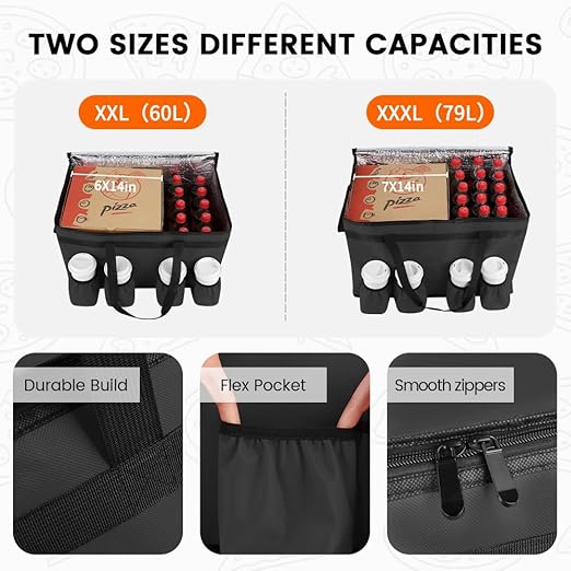 CIVJET Insulated Food Delivery Bag with 4 Cup Holder and Bottom Support, XX-Large Insulated Grocery Bags Keep Food Hot/Cold, Cooler Bags with Drink Carrier, Food Carrier Catering Bag for Events, Black
