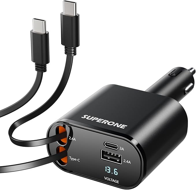 SUPERONE Retractable Car Charger for iPhone with Dual Type C Cables, 4 in 1 USB C Car Charger Adapter with 69W Fast Charging Compatible with iPhone 17 16 15 14 13 12 11 Pro/XS/XR/SE/iPad/Airpods