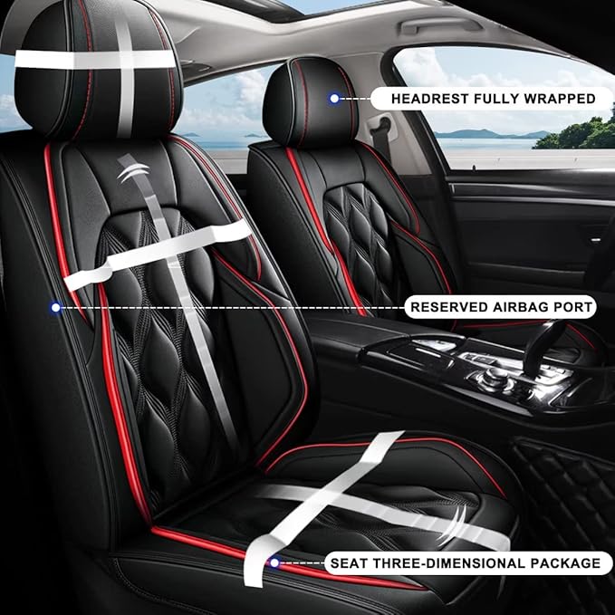 AOMSAZTO Front Seat Covers Fit for Volkswagen Passat 1999-2023 Waterproof Faux Leather Car Seat Cover Compatible with Airbag(2PCS Front, Black&Redline)