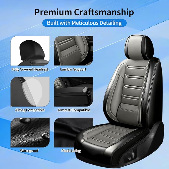 Fit Mazda 3 Car Seat Covers for Select Mazda 3 2010-2019 - Full Coverage Leather, Airbag Compatible, Waterproof & All Weather Seat Cushion Protector, Front Pair Black+Gray