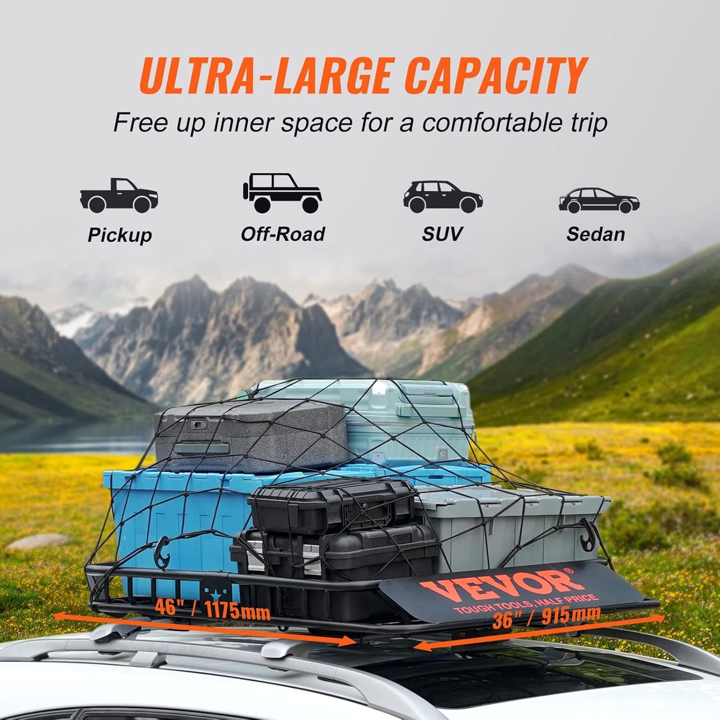 VEVOR Roof Rack Cargo Basket, 46" x 36" x 4.5" Rooftop Cargo Carrier, Heavy-Duty 200 LBS Capacity Universal Roof Rack Basket, Luggage Holder for SUV, Truck, Vehicle