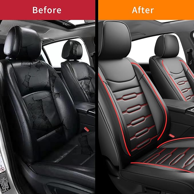 Fit Legacy Car Seat Covers for Ford Legacy 2008-2024 2025 2026 - Upgraded Premium Waterproof & Breathable Leather, Airbag Compatible, All-Weather Seat Cushion Protector (2 Front/Black+Red)