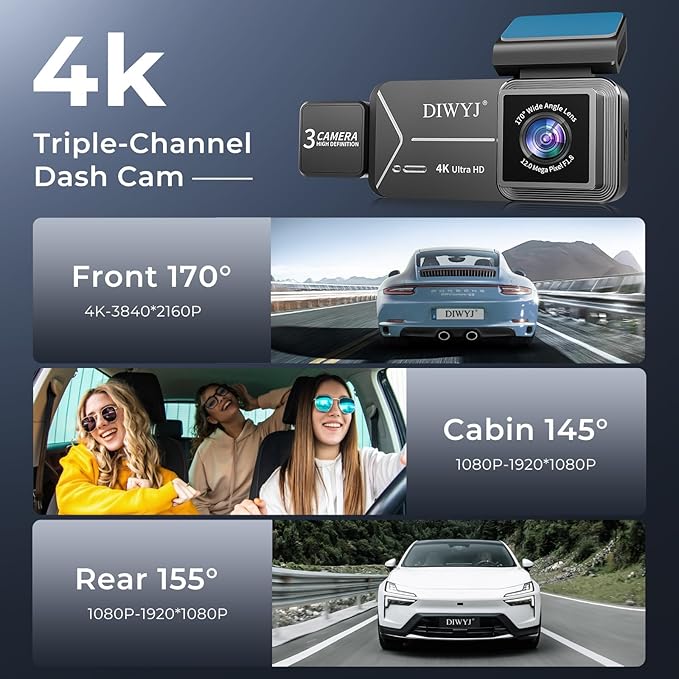 Dash Cam Front and Rear, 4K+2.5K+1080P with 170° Fisheye Lens, Full HD Dash Camera for Cars, 5GHz WiFi, IR Night Vision, WDR, 64GB Card Included, 24/7 Parking Mode, G-Sensor & Loop Recording（D7）