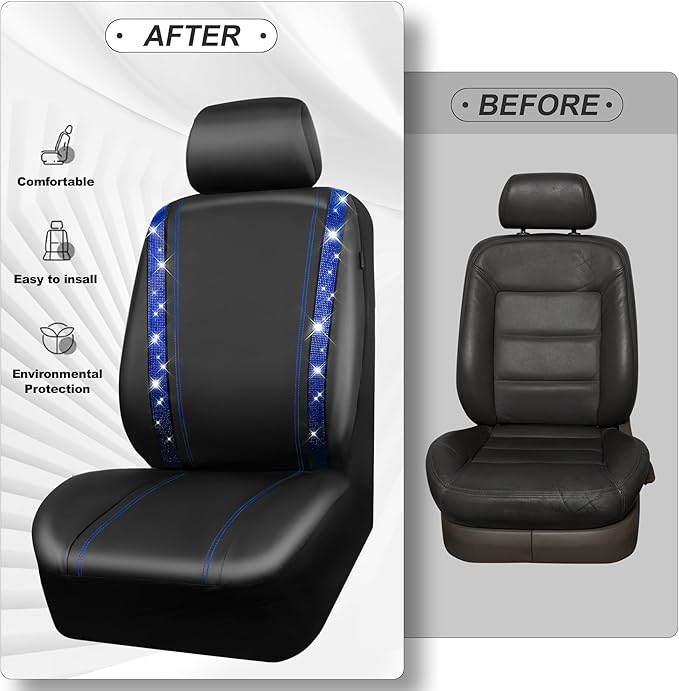 CAR PASS Bling Diamond Car Seat Covers Full Set, Shining Rhinestone Waterproof Faux Leather, Rear with Zipper, Universal Fit Automotive Glitter Crystal Sparkle Strips for Cute Women Girl, Blue