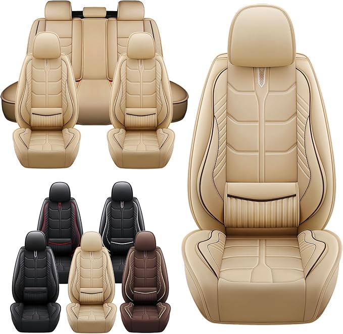 Leather Car Seat Covers Fit for Toyota Avalon 1996-2024, 5 Seater Car Seat Cover, Premium Waterproof, Scratch Resistant Car Interior Accessories (Full Set Beige)