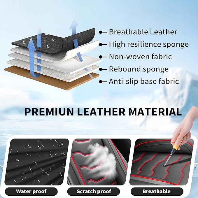 Fit Murano Car Seat Covers Compatible with Nissan Murano 2004-2025 2026 - Full Set Premium Leather， Waterproof Breathable， All-Weather Seat Cushion Protecto&Airbag Compatible（Red Line Black