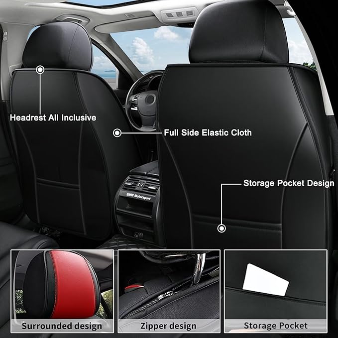 AOMSAZTO Front Seat Covers Fit for Cadillac XT5 2017-2026 Waterproof Faux Leather Car Seat Cover Compatible with Airbag(2PCS Front, Black&Red)