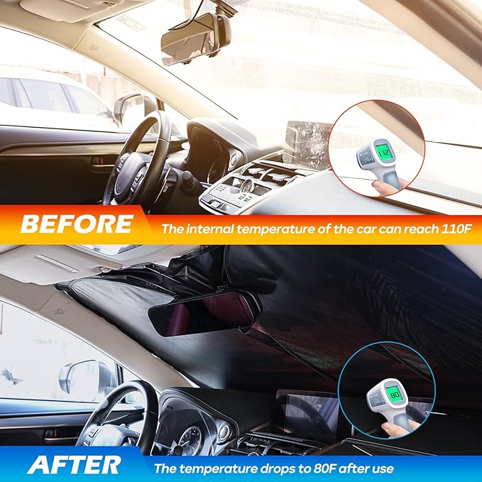 Car Windshield Sun Shade - Reflector Sunshade Offers Ultimate Protection for Car Interior, Cool Reflective Sun Blocker Fits Small Sedans, Mini SUVs
