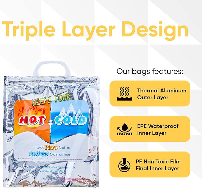 Superio Hot and Cold Insulated Bags for Food Delivery, Grocery Shopping Bags, Food Storage for Hot and Frozen Food for Travel, Disposable Cooler Bag, Reinforced Thermal Lunch Bag (1, 20"x19")