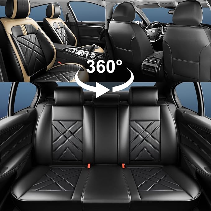 Car Seat Covers Compatible with Mazda 6 2007-2021, Full Coverage Premium Leather Waterproof Breathable Seat Covers, Automotive Seat Protectors, Airbag Compatible(Full Set Seats, Black Beige)