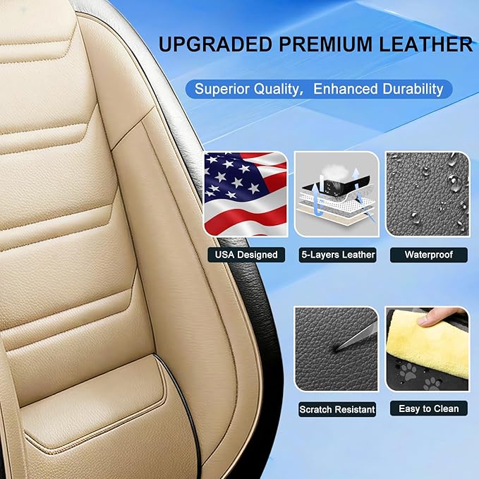 Fit Blazer Car Seat Covers for Select Chevrolet/Chevy Blazer 2019-2026, Premium Full Coverage Leather, Airbag Compatible, Waterproof All Weather Seat Cushion Protector, Front Pair Black+Beige