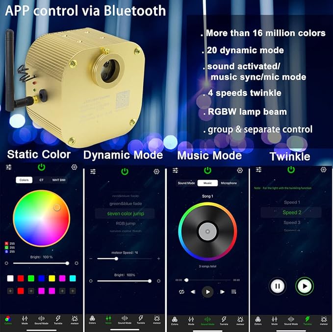 AZIMOM Bluetooth16w Twinkle Fiber Optic Lights Star Ceiling Lighting Kits Mixed 335pcs 13.1ft Fiber Strands End Glow RGBW Music Mode Light Source Car Use Headliner Home Decor