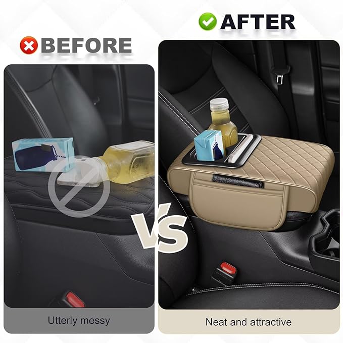 Center Console Cover Fit for Land Cruiser Faux Leather Car Armrest Cushion with Storage Bags, Cup Holder ＆ Phone Storage Multifunctional Middle Console Cover(Beige)