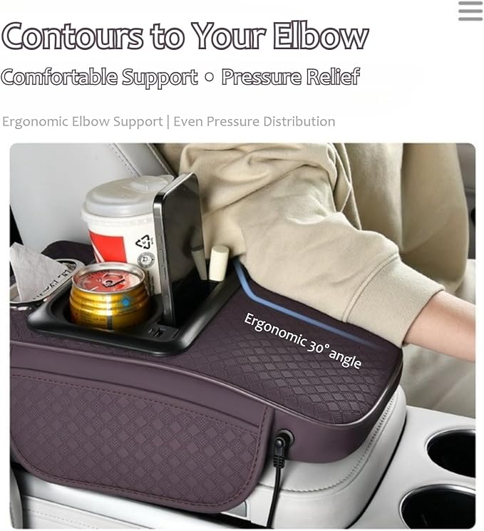 2026 Upgraded Car Center Console Cushion with 30w USB& Type-C Charging Ports, Leather Car Armrest Pad Cover, Interior Accessories for Most Vehicles (Classic Flat Version, Black-Red line)