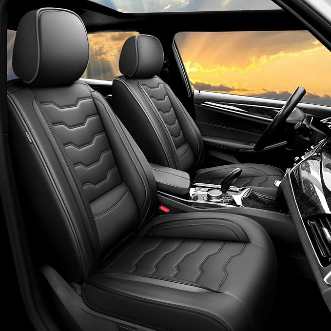 Fit Murano Car Seat Covers Compatible with Nissan Murano 2004-2025 2026 - Full Set Premium Leather， Waterproof Breathable， All-Weather Seat Cushion Protecto&Airbag Compatible（Full Set,Black