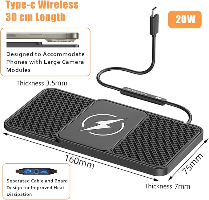 Wireless Car Phone Charger for Buick Encore Envision Enclave, Type C/USB 20W Fast Charging Pad, Non-Slip Charging Station for Travel Home Office Desk, Lightweight,Type-C