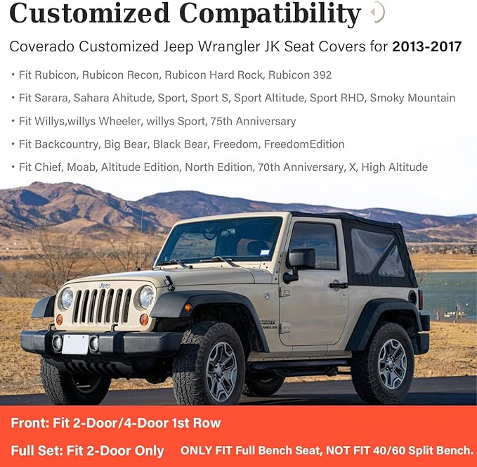 Coverado Seat Covers for Jeep Wrangler, Waterproof Leather Car Front Seat Cover for Truck Pickup, Full Coverage Car Seat Cushion Protector Custom Fit for 2013-2017 Jeep Wrangler 2-Door/4-Door(Black)