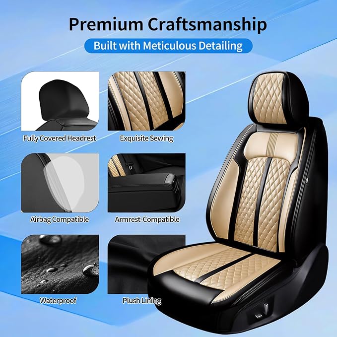 Fit Impala Car Seat Covers for Chevrolet/Chevy Impala 2000-2020, Premium Full Coverage Leather, Airbag Compatible, Waterproof All Weather Breathable Seat Protector, Front Pair Black+Beige