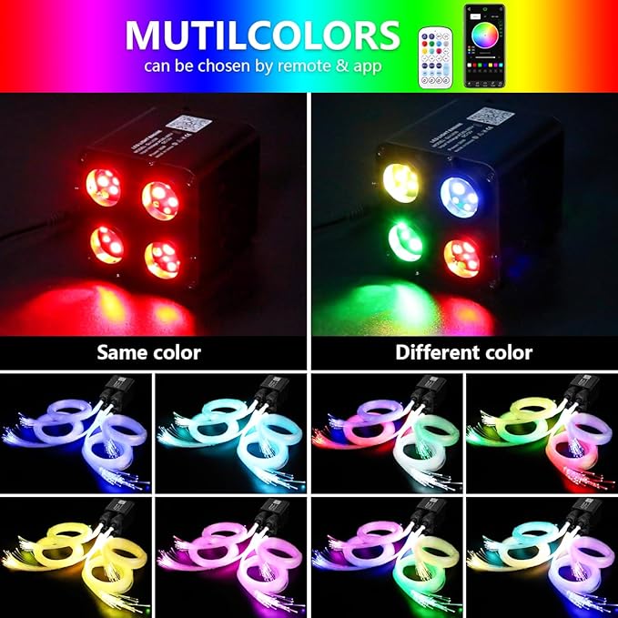 AMKI Updated 4Color Twinkle 36w Starlight Headliner Kits 2000pcs 0.03in 13.1ft Fiber Optic Light Cable 4 Ports Starlight Box App/Remote Control Sound Mode for Car Home Ceiling Decoration