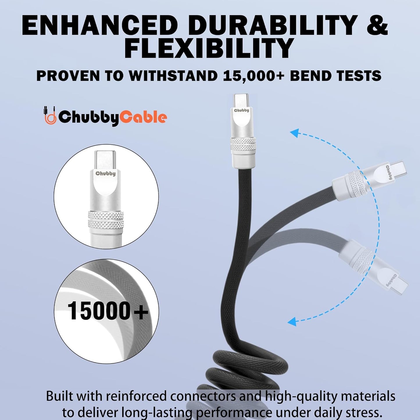 chubbycable Curly Chubby - Retractable Fast Charging Cable 240W Coiled Charger Cord for Car Durable USB-C Cable for Phones, Tablets and More, Yellow, Type-C to Type-C, 1.3FT-2.3FT