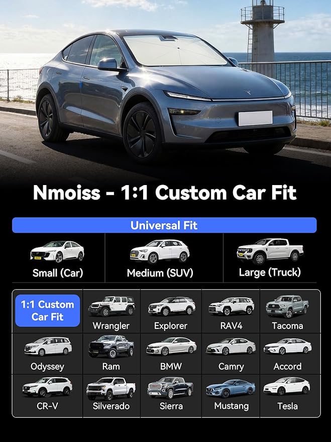 Windshield Sun Shade Umbrella for Tesla Model Y & Model 3 - [Vinyl Coating Heat Shield] Protect Car from Sun Rays & Heat Damage Keep Cool and Protect Interior, Spring Structure Edge