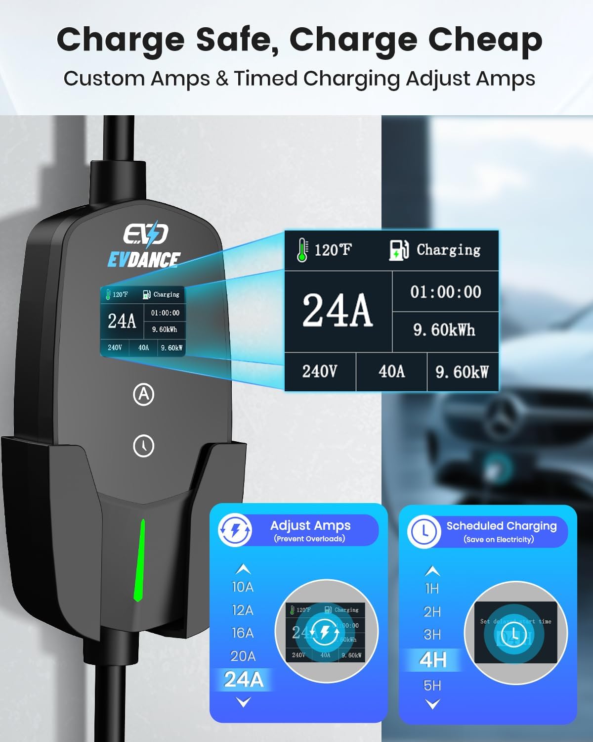 Level 2 EV Charger 24Amp 240V - NEMA 14-30P Charging Station, 25FT Cable for Home/Garage, J1772 Electric Vehicles & Adjustable Current (10-24A) (for J1772(Non-Tesla Evs), NEMA 10-30 Plug)