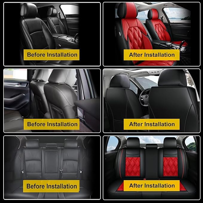 AOMSAZTO Car Seat Cover Full Set 5 Seats Fit for Nissan Kicks 2018-2024 2025 2026 Leather Car Seat Cushion Protector Compatible Airbag Waterproof Automotive Seat Covers Black&Red