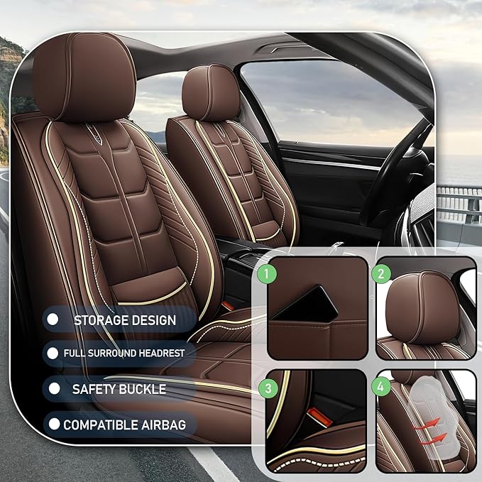 Leather Car Seat Covers Fit for Toyota Avalon 1996-2024, 5 Seater Car Seat Cover, Premium Waterproof, Scratch Resistant Car Interior Accessories (Full Set Coffee)