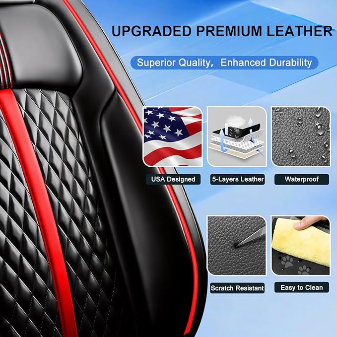 Fit Malibu Car Seat Covers for Select Chevrolet/Chevy Malibu 2009-2025, Full Coverage Leather, Airbag Compatible, Waterproof & All Weather Seat Cushion Protector, Full Set, Black with Red Trim