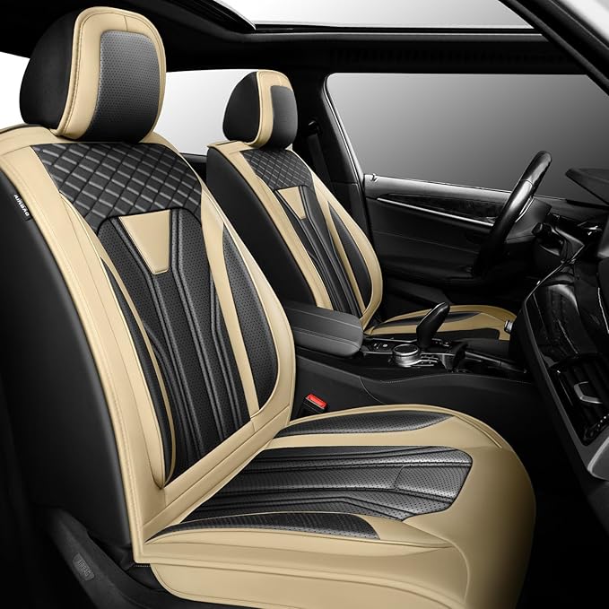 Fit Juke Car Seat Covers Compatible with Nissan Juke 2012-2015 2016 - Premium Leather， Waterproof Breathable， All-Weather Seat Cushion Protecto&Airbag Compatible (2 Front Seat Beige&Black)