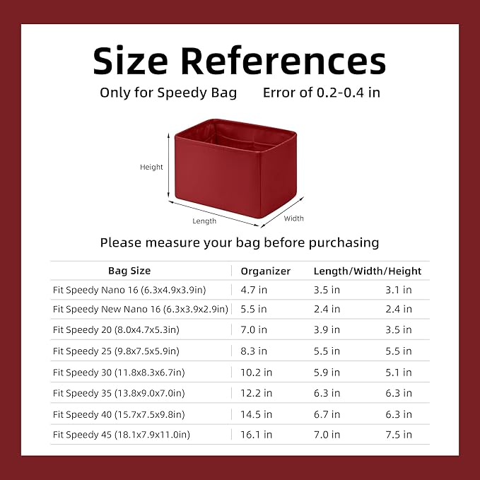 DGAZ Silk Purse Organizer Insert Fits LV Speedy 16/20/25/30/35/45 bags，Silky Smooth Bag Organizer，Luxury Handbag & Tote Shaper（Wine Red，SP20）